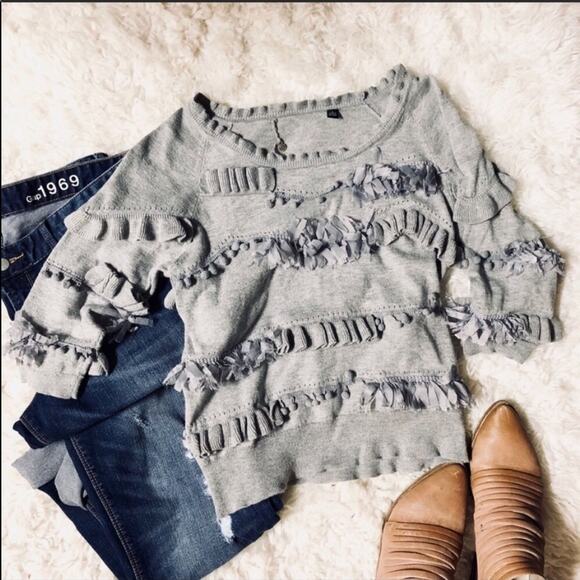 ANTHROPOLOGIE Knitted Knotted Ruffle Pom Fringe Stripe Grey Gray Sweater Top S - Picture 4 of 7